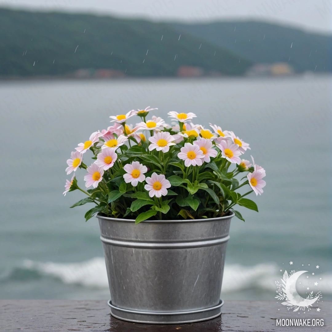 Peaceful Flowers in a Bucket A small metal flowerpot shaped like a bucket filled with flowers, set against a soft bokeh sea background under the rain.