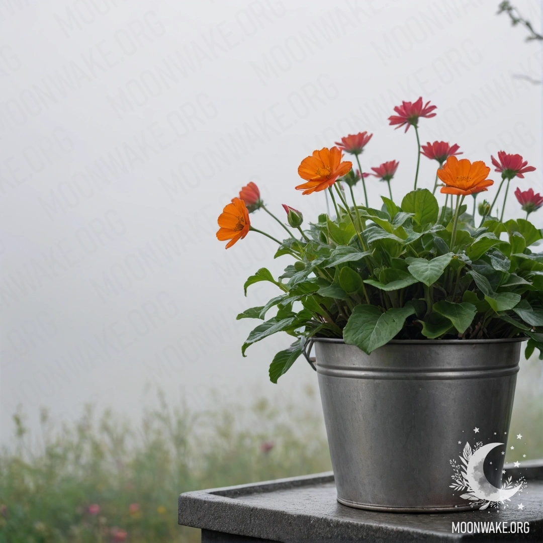 Peaceful Blooms in a Misty Seascape A metal flowerpot shaped like a small bucket filled with flowers, blurred sea background covered in thick fog.