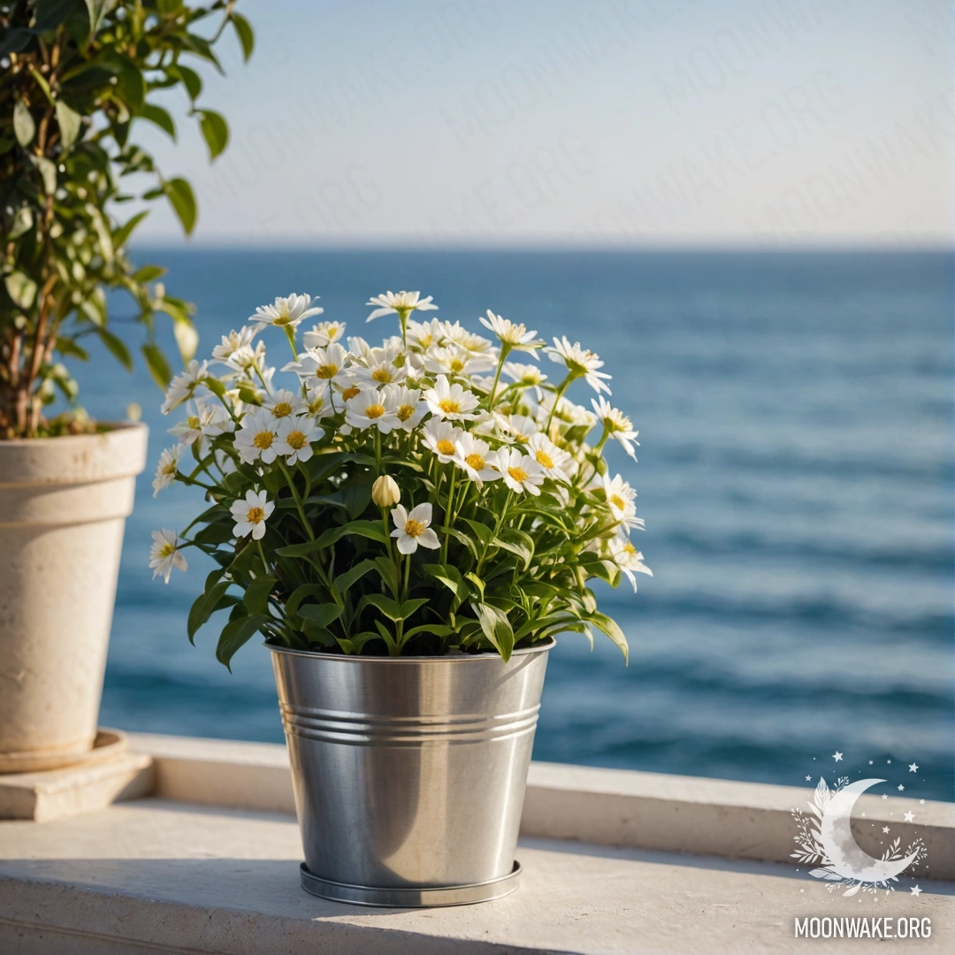 A small bucket-shaped metal flowerpot holds peaceful flowers, with a blurred seaside background adorned with shimmering garland lights.
