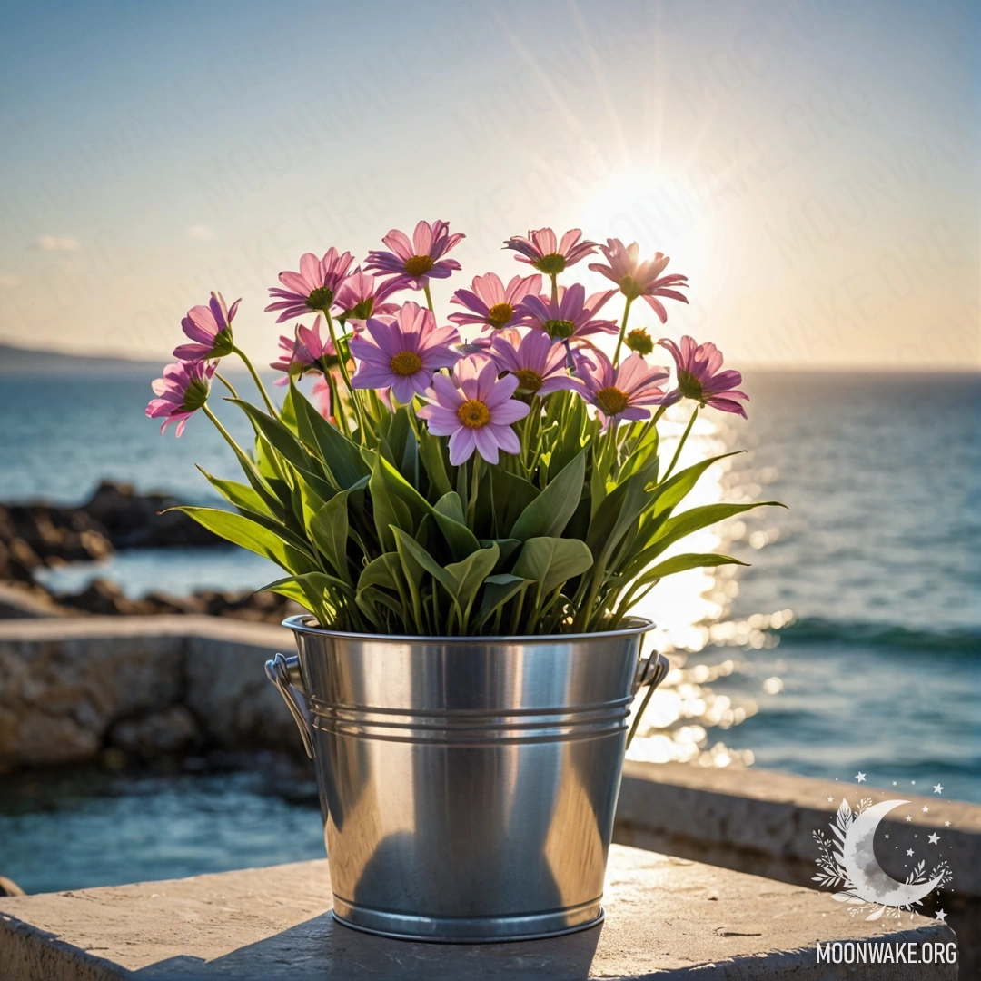 A small bucket-shaped metal flowerpot with flowers, against a blurred sea background lit by sun rays.
