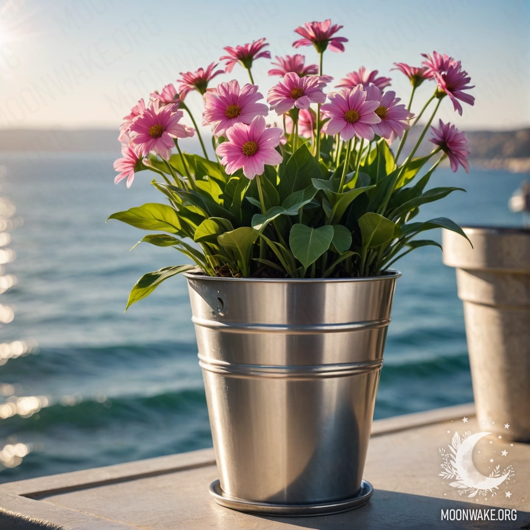 A metal flowerpot shaped like a small bucket holds flowers against a bokeh sea background with sun rays.