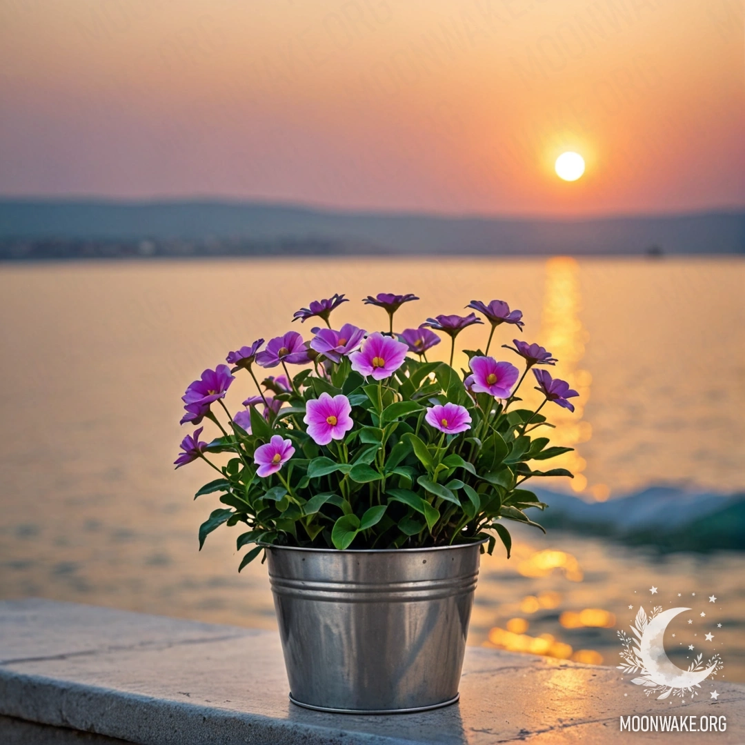 Peaceful Sunset Flowers A small bucket-shaped metal flowerpot filled with flowers against a bokeh sea background at sunset.