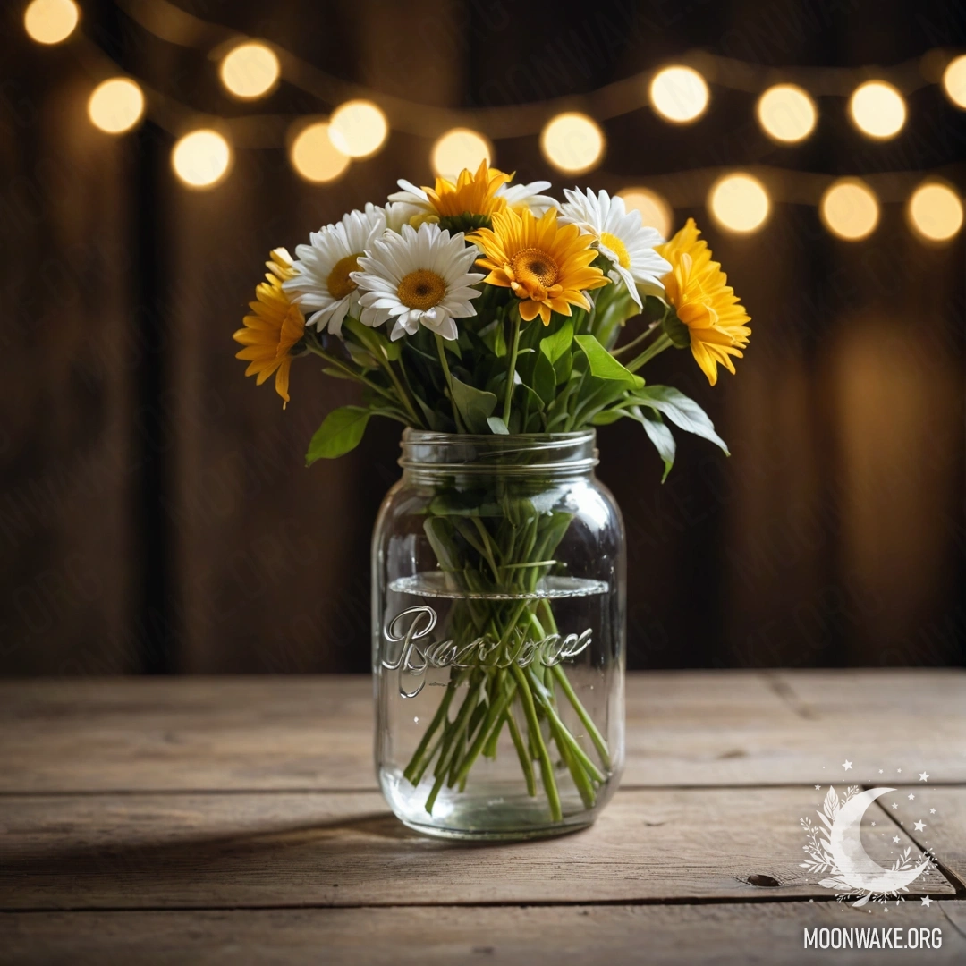 Peaceful Flower Arrangement on Wooden Table A shabby wooden table with a jar of flowers and a bokeh light garland in the background at night.