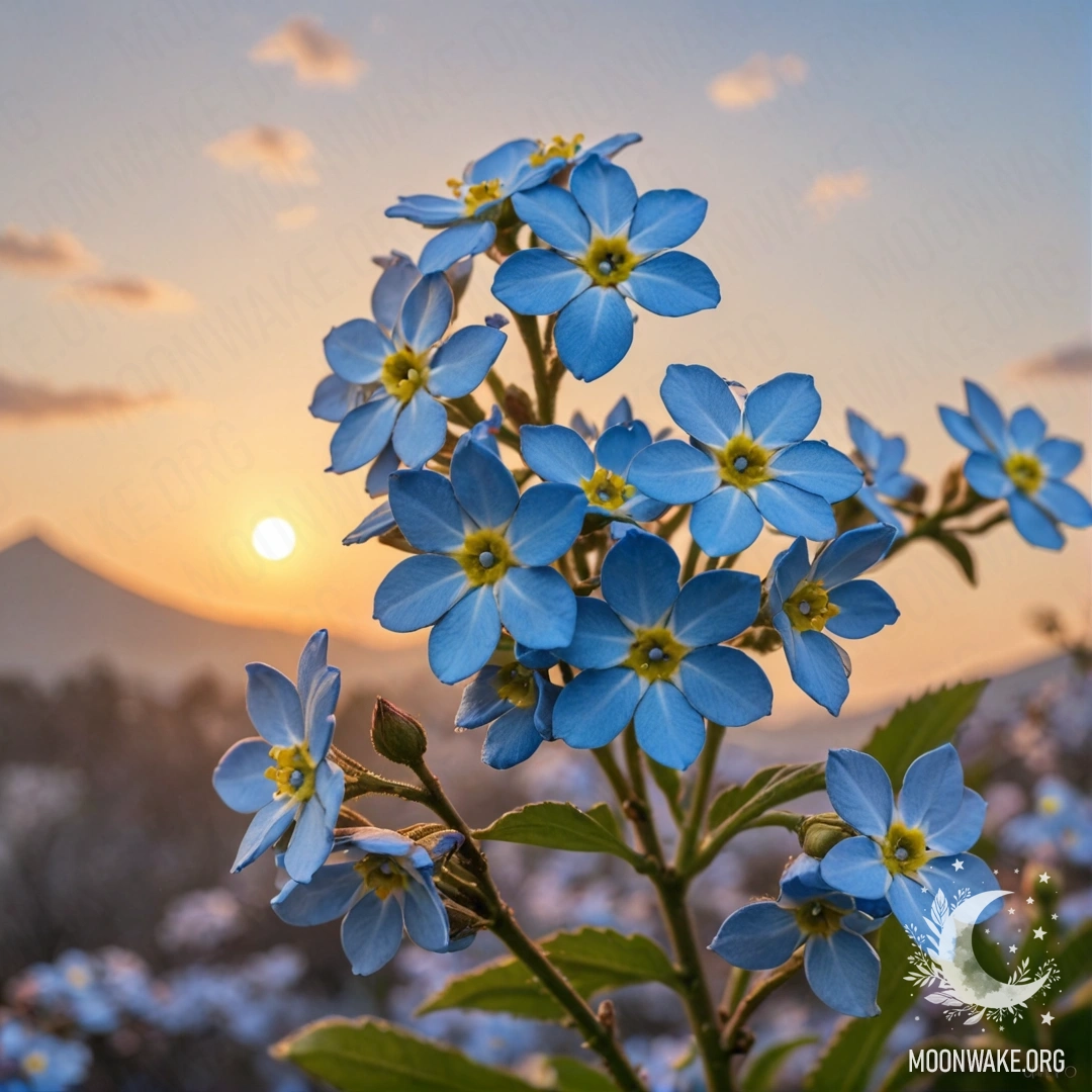 Peaceful Forget-Me-Nots at Sunset A serene scene of forget-me-nots against a sunset backdrop in pastel colors.