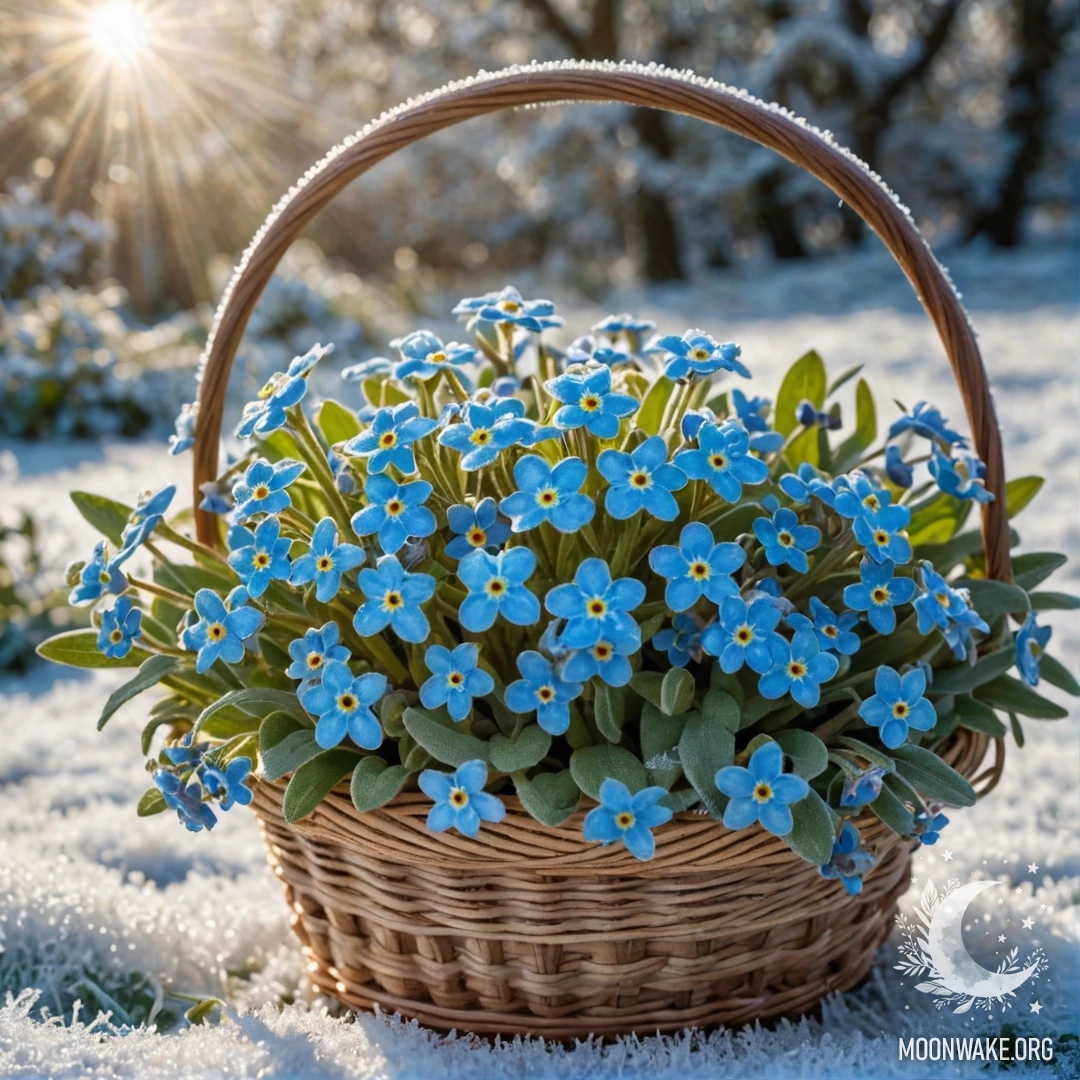 A basket filled with forget-me-nots in frost, illuminated by sunny rays.