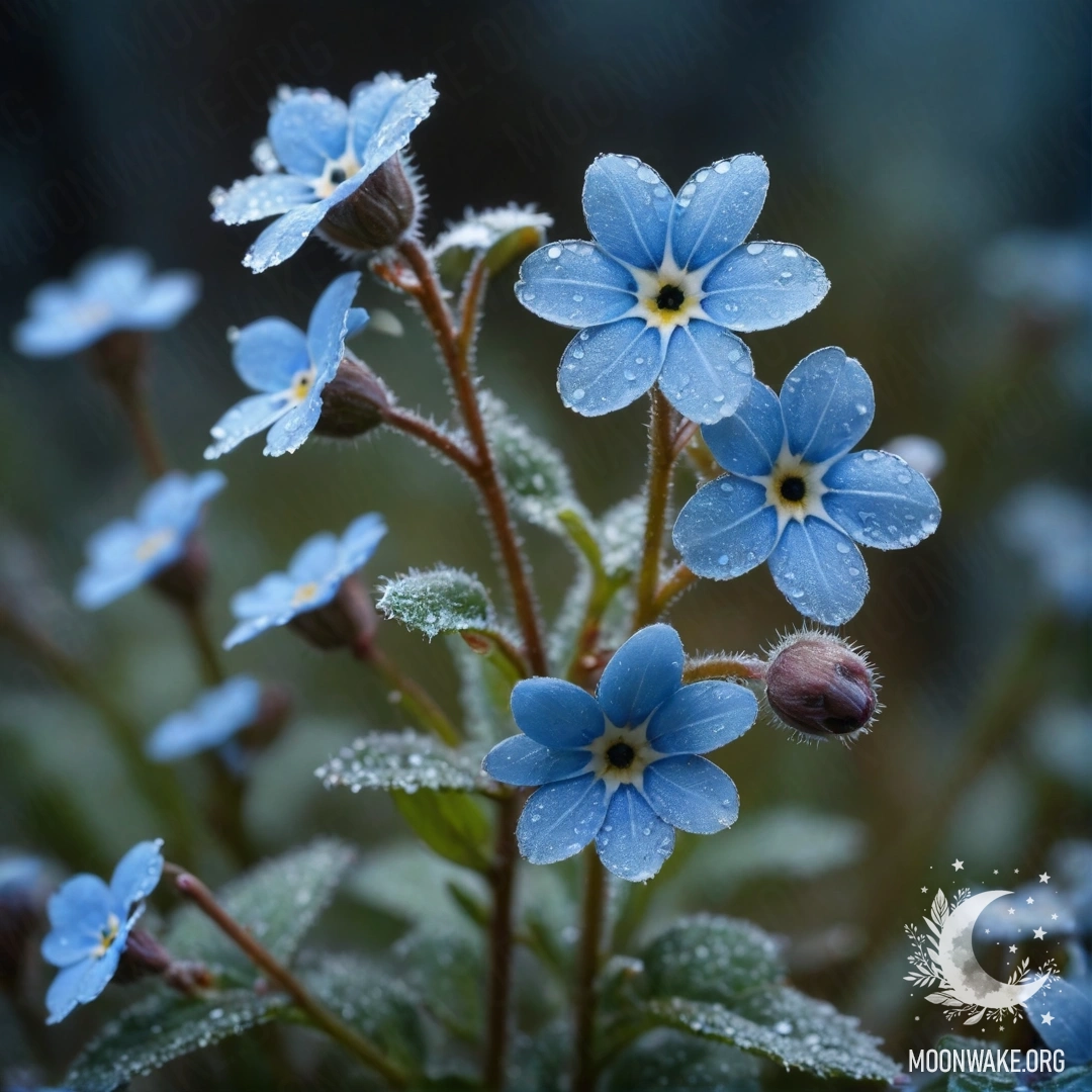 A serene arrangement of blue forget-me-nots covered in frost at night.
