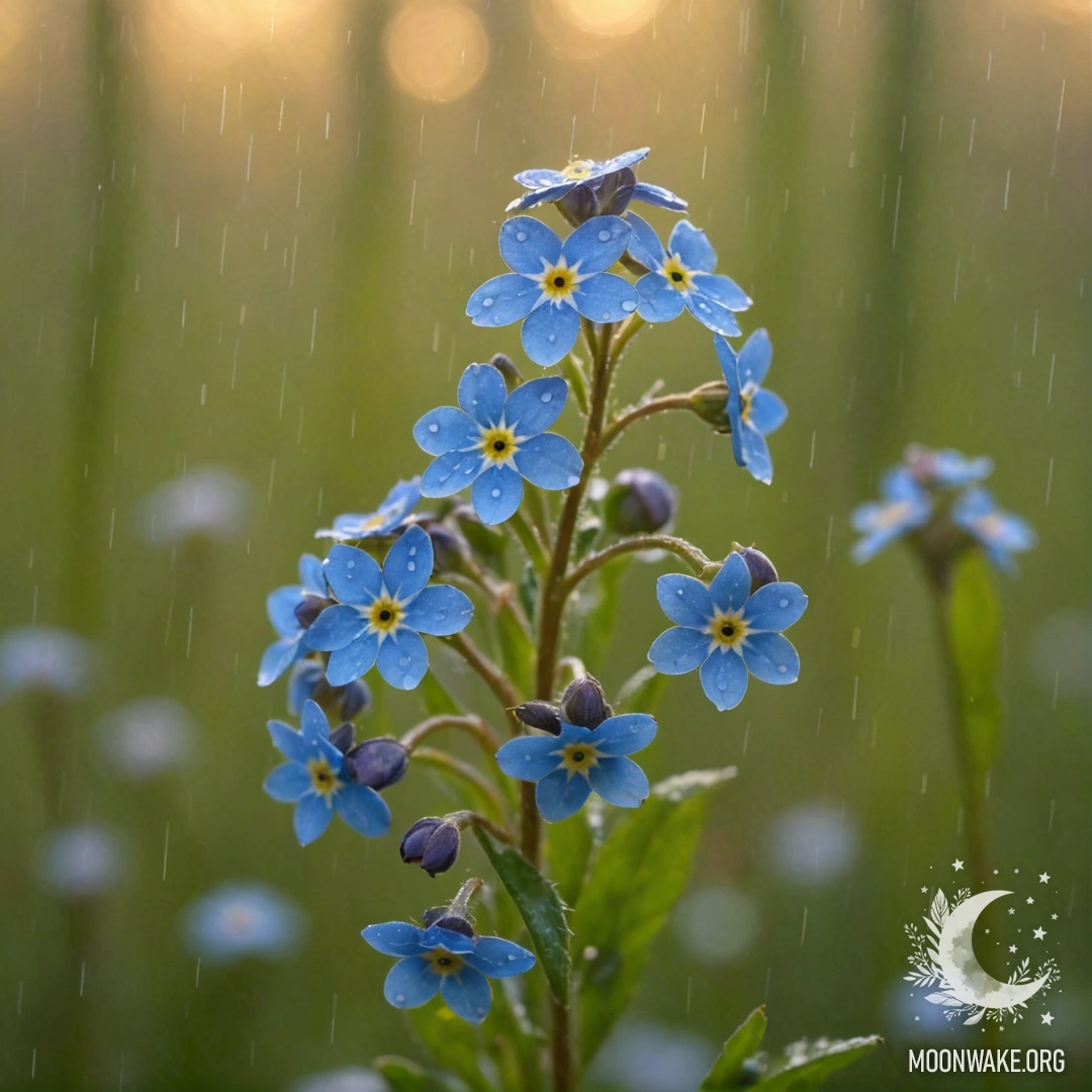 Peaceful Forget-Me-Nots in Misty Rain A serene scene of forget-me-nots washed by gentle rain in the mist at sunset, painted in soft shades of cream yellow.