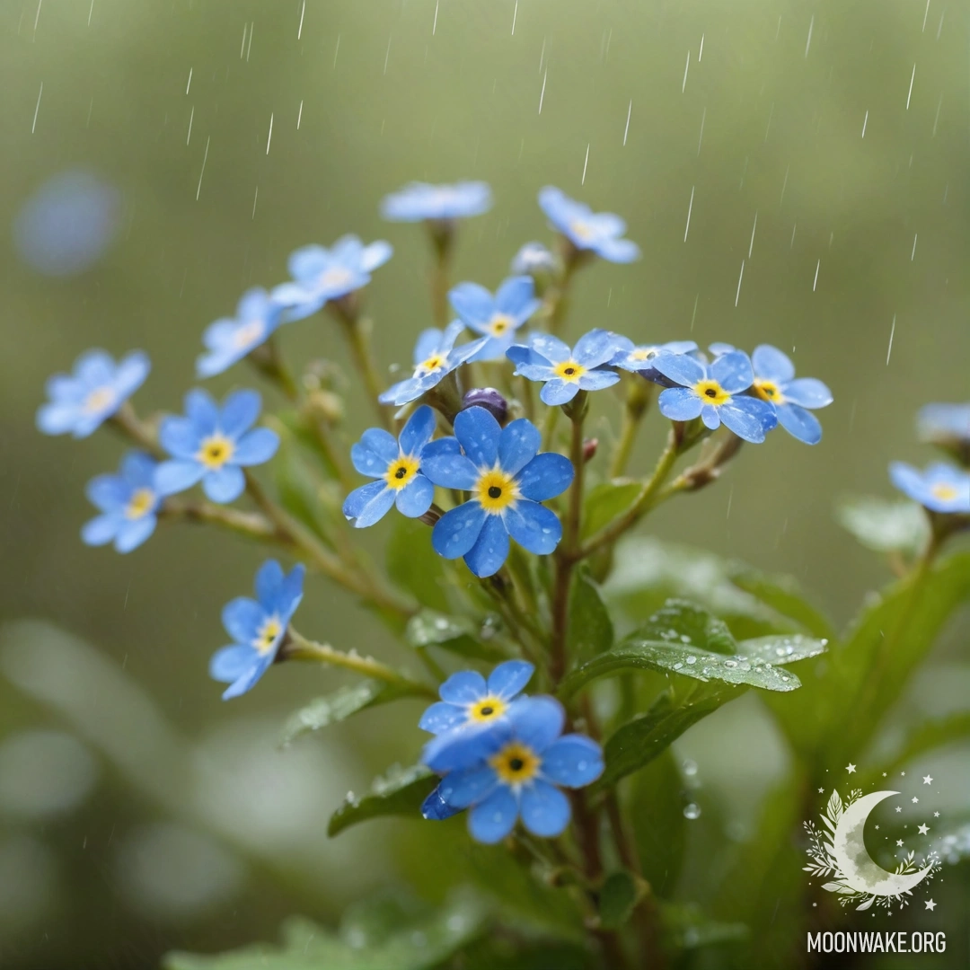 Peaceful Forget-Me-Nots in Rain and Mist A serene scene of forget-me-nots surrounded by mist and gentle rain, illuminated by soft rays of sunlight.