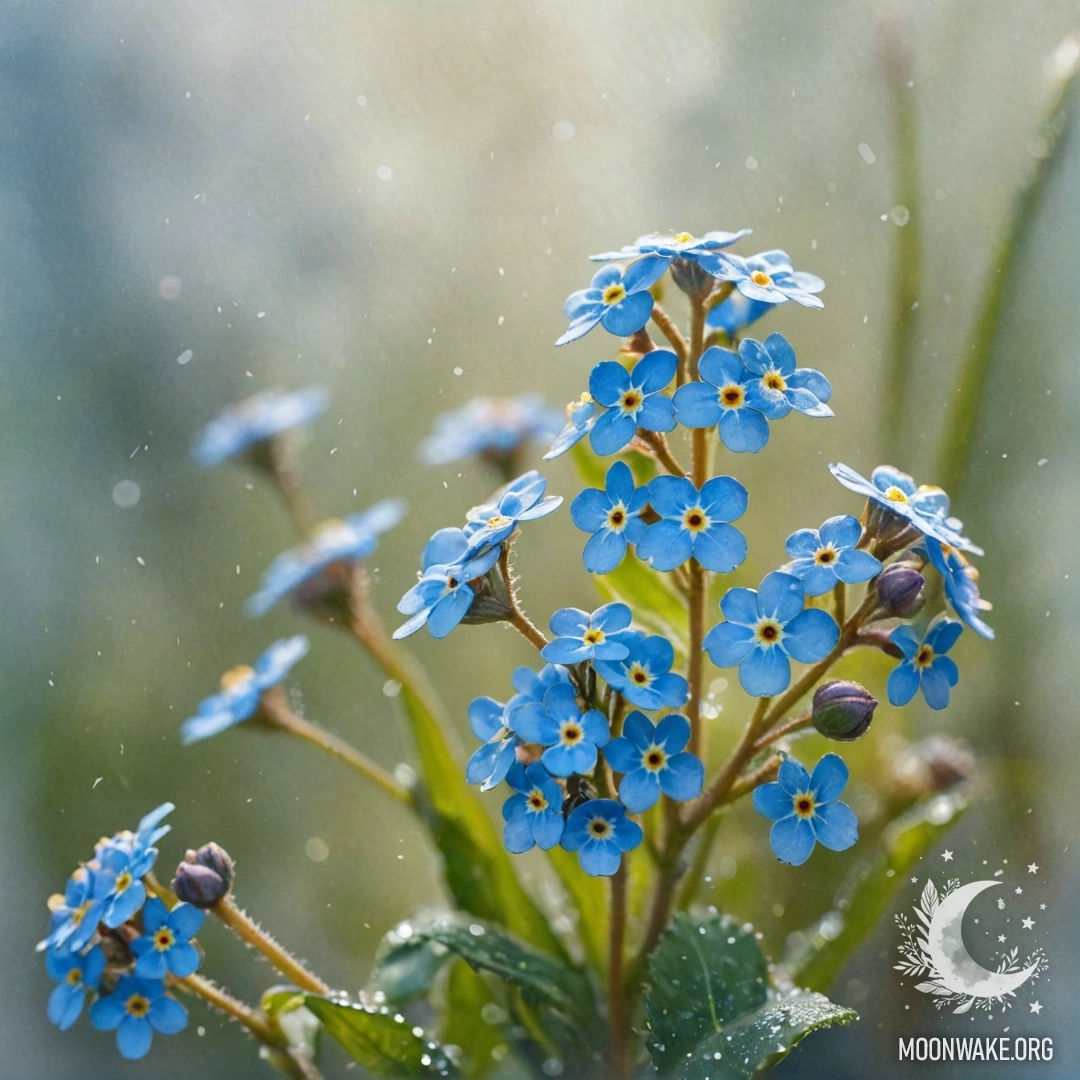 A serene scene featuring forget-me-nots surrounded by mist and sunlight.