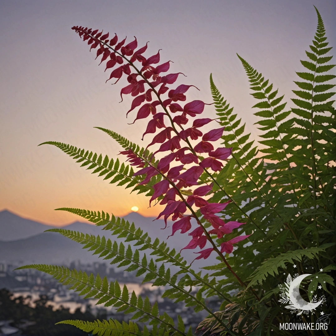 A vibrant fuchsia bouquet of ferns illuminated by sunset.