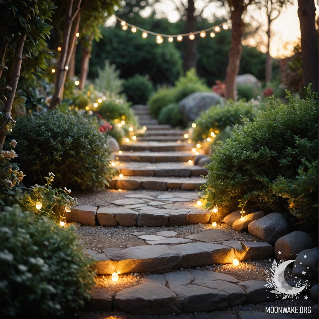 A serene garden adorned with light garlands, stone path, and wooden staircase during sunset.