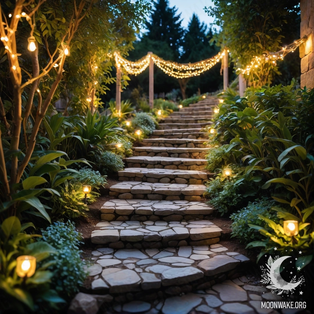 A serene garden path adorned with light garlands and a wooden staircase.