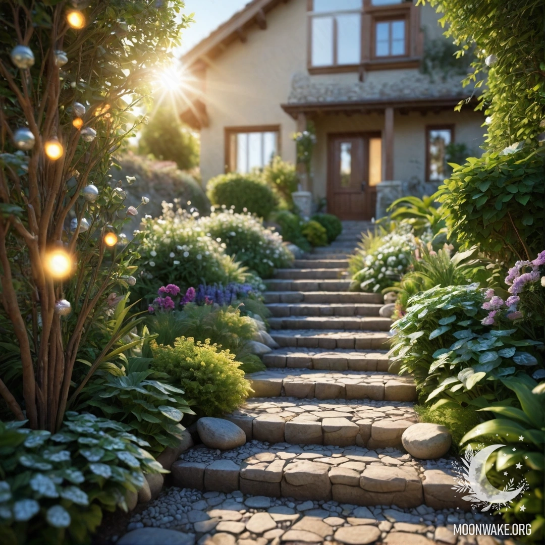 A serene garden pathway with stone path and wooden staircase illuminated by sun rays, adorned with light garlands.
