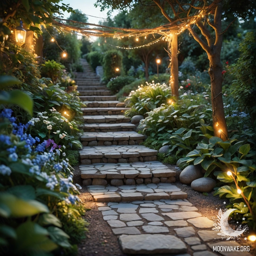 Serene Garden with Light Garlands A peaceful garden adorned with light garlands, stone path, and wooden staircase illuminated by sun rays.