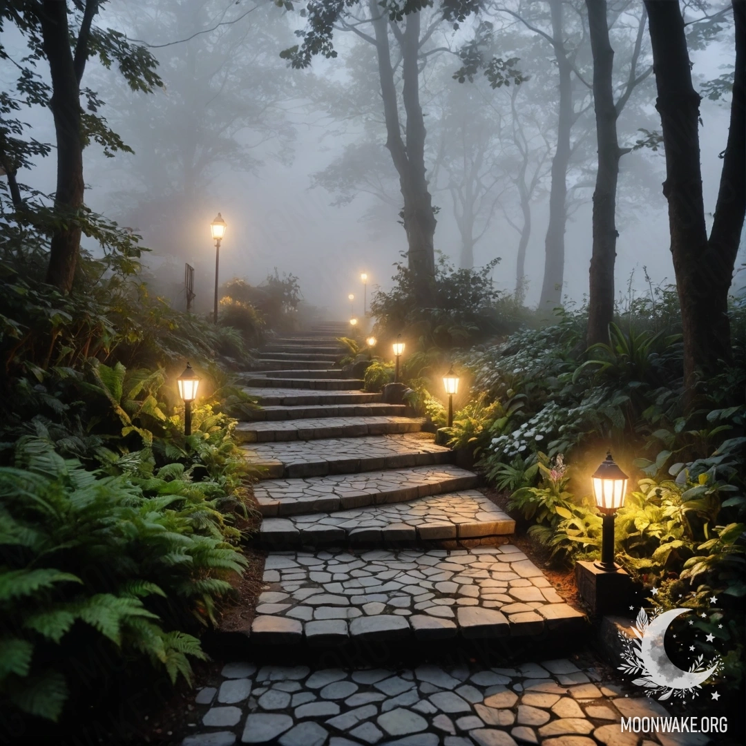 A peaceful garden with light garlands, stone path, and wooden staircase amidst heavy fog.