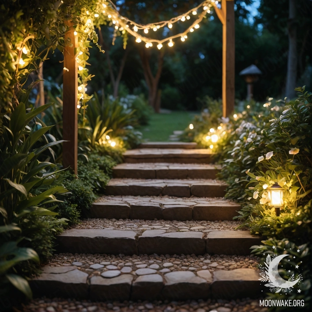 Peaceful Garden with Light Garlands A serene garden path with stone paving, adorned with light garlands and a wooden staircase.