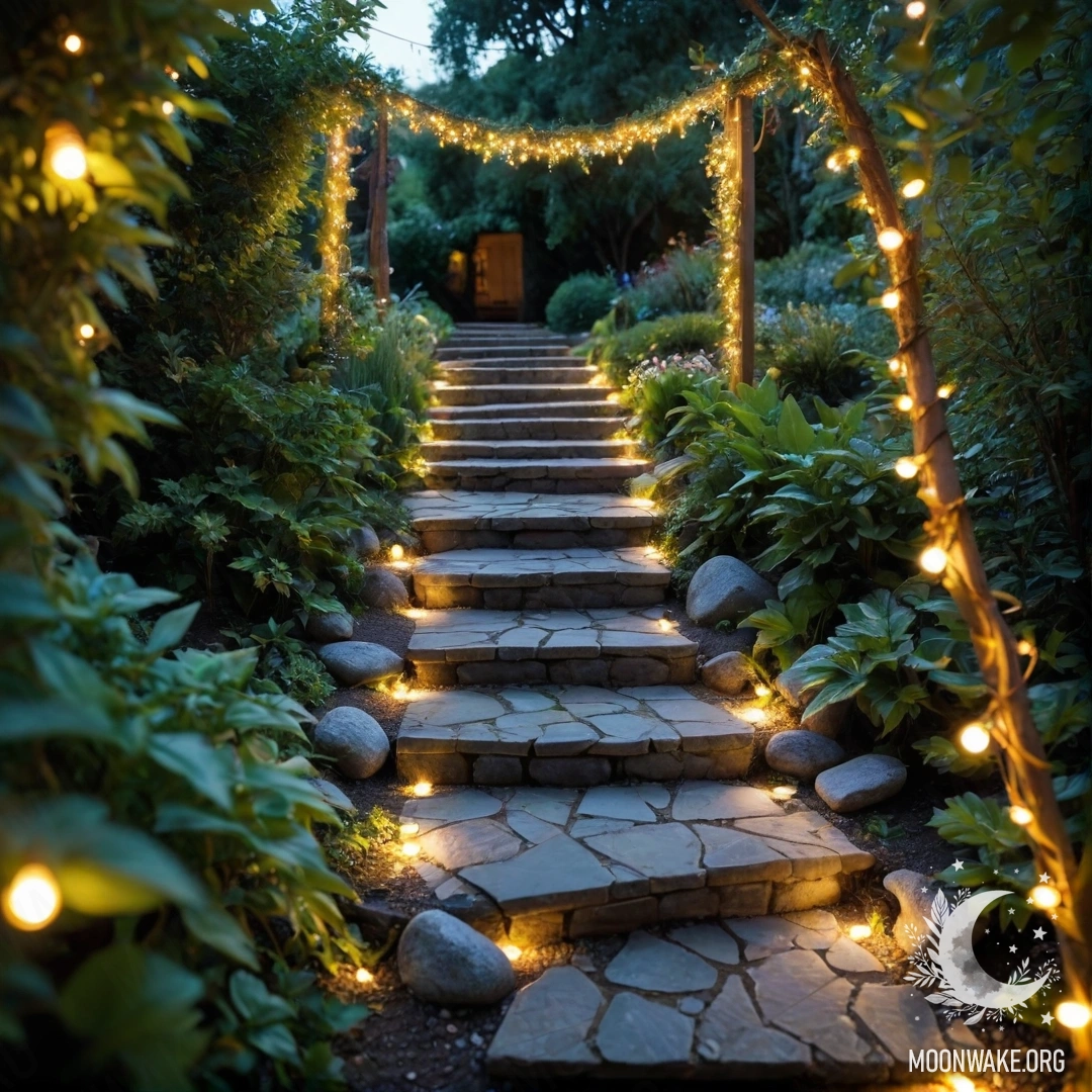 Peaceful Garden Path with Lanterns A serene garden adorned with light garlands, featuring a stone path and a wooden staircase.
