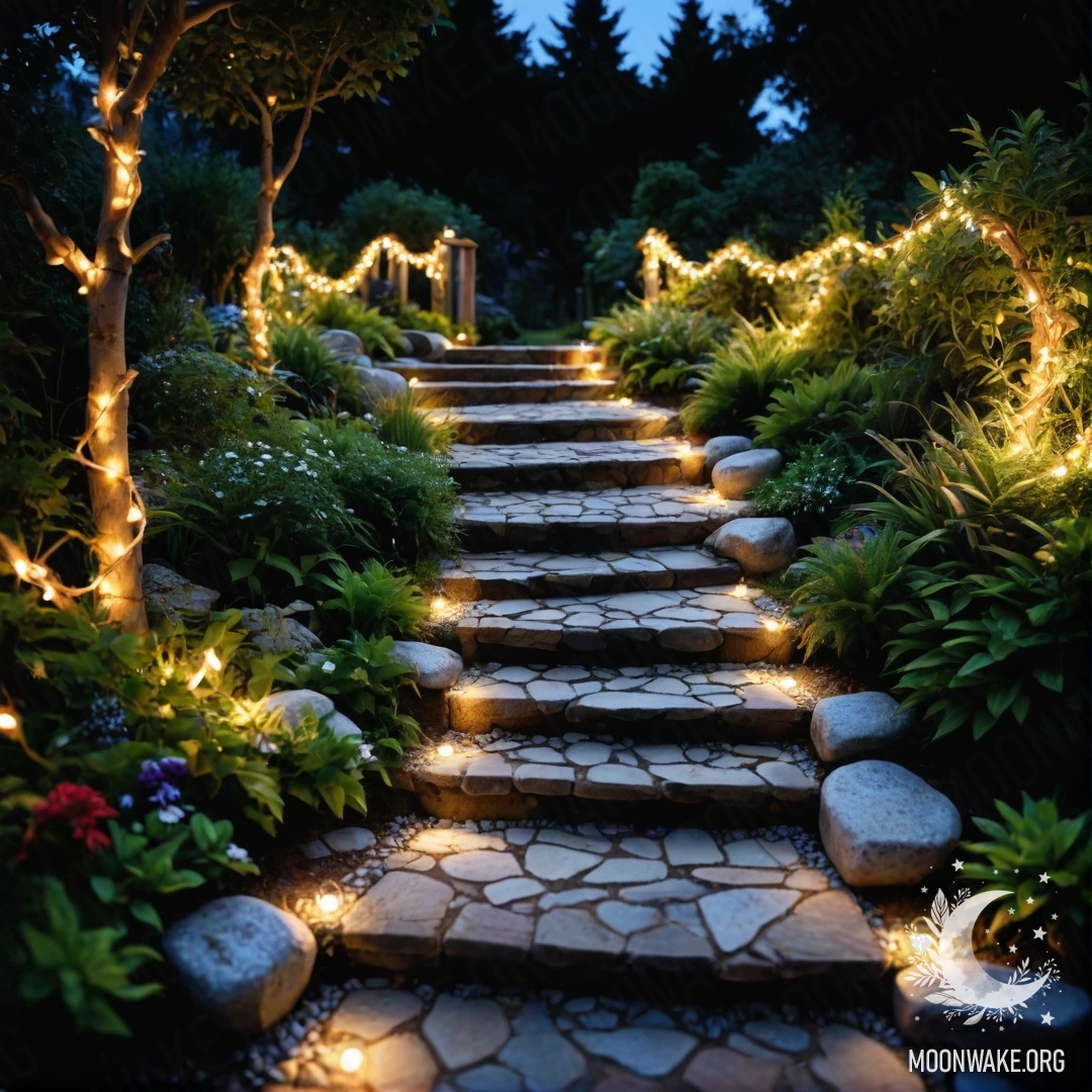 A serene garden path made of stones, adorned with light garlands and a wooden staircase.
