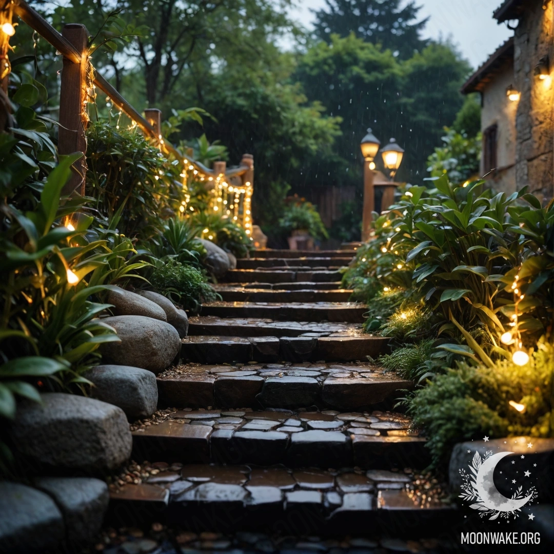 A serene garden path of stones and a wooden staircase adorned with light garlands, all under gentle rain.