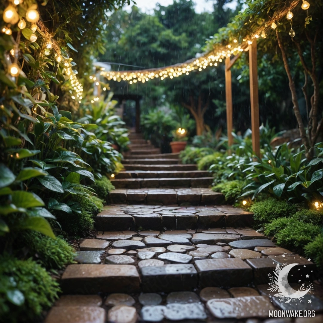 A serene garden path made of stones, featuring a wooden staircase and light garlands, all under gentle rain.