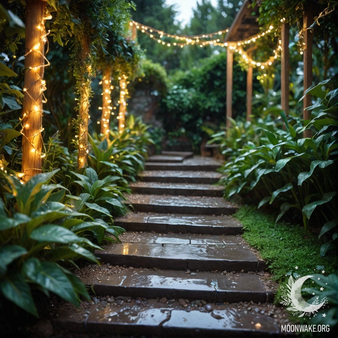 Peaceful Rainy Garden with Light Garlands A serene garden featuring light garlands, a stone path, and a wooden staircase, all under the rain.