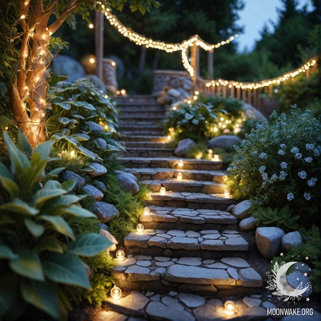 Peaceful Garden with Lights A serene garden adorned with light garlands, featuring a pathway of stones and a wooden staircase illuminated by fairy lights.