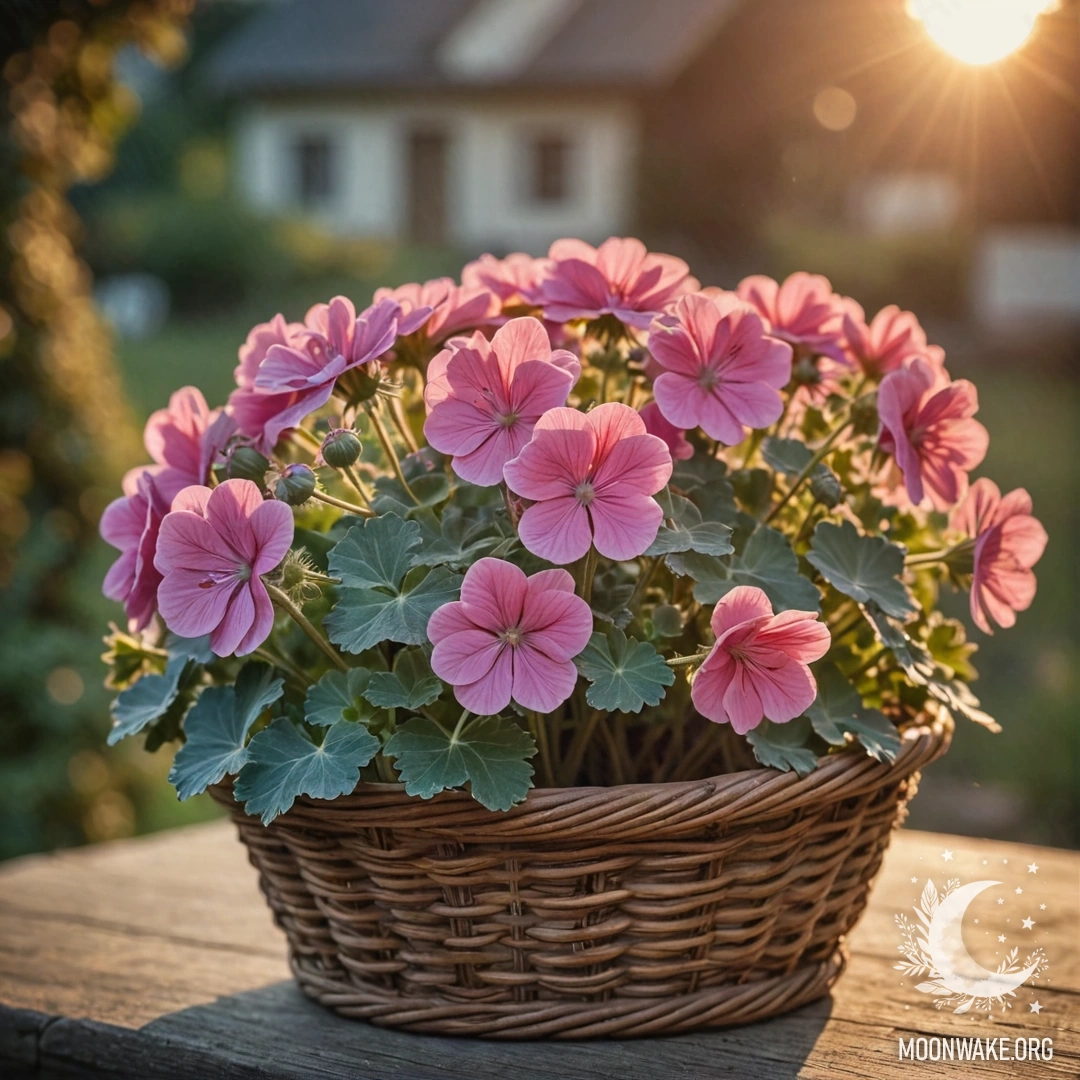 Peaceful Geranium at Sunset A basket filled with blue geraniums at sunset, evoking tranquility.