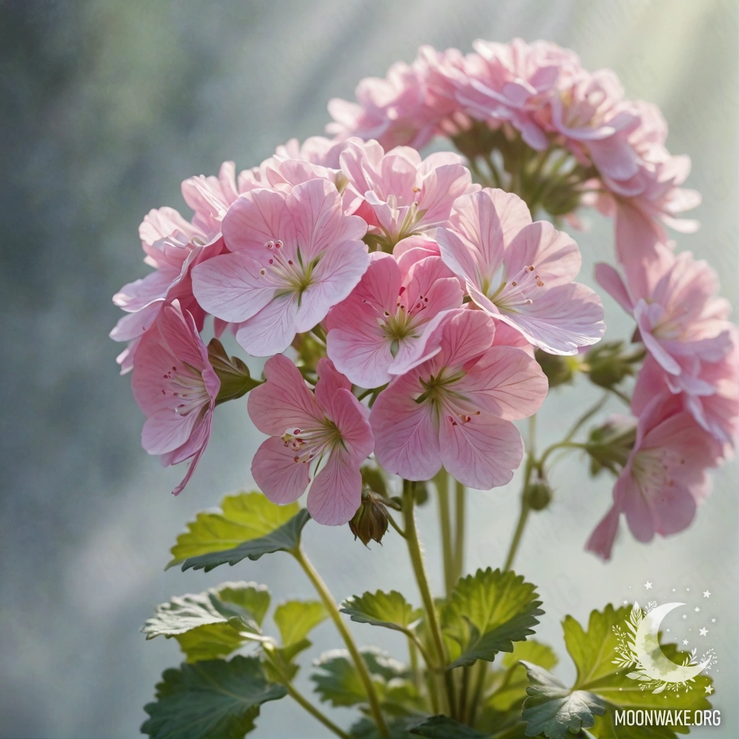 A delicate bouquet of geraniums surrounded by mist, illuminated by sunlight.