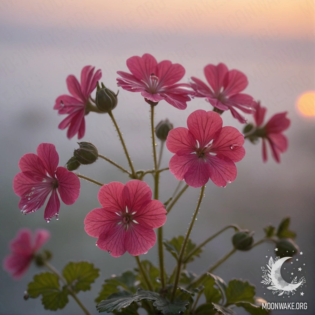 A peaceful geranium surrounded by fog at sunset, shimmering with sequins.