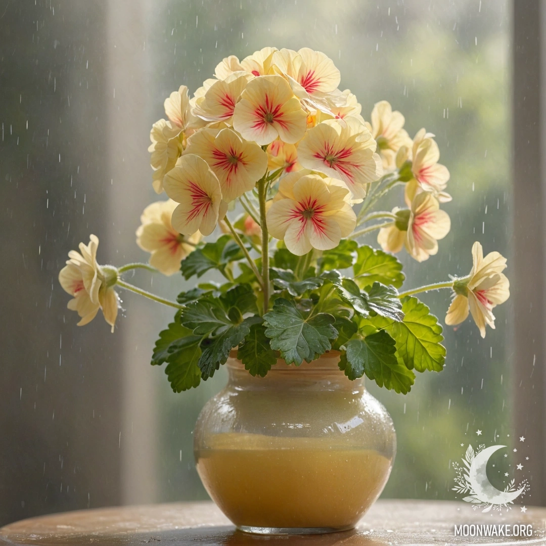 Peaceful Geranium in Rainy Mist A serene geranium in a vase, misty background with rain and sunlight.