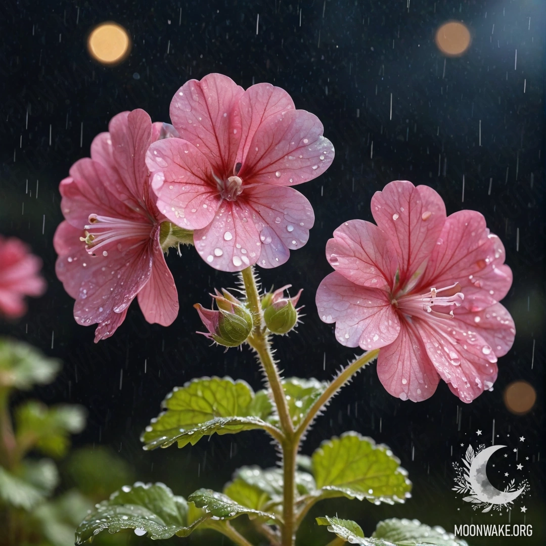 Peaceful Geranium Under Night Rain A peaceful geranium soaked in rain at night, adorned with sequins.