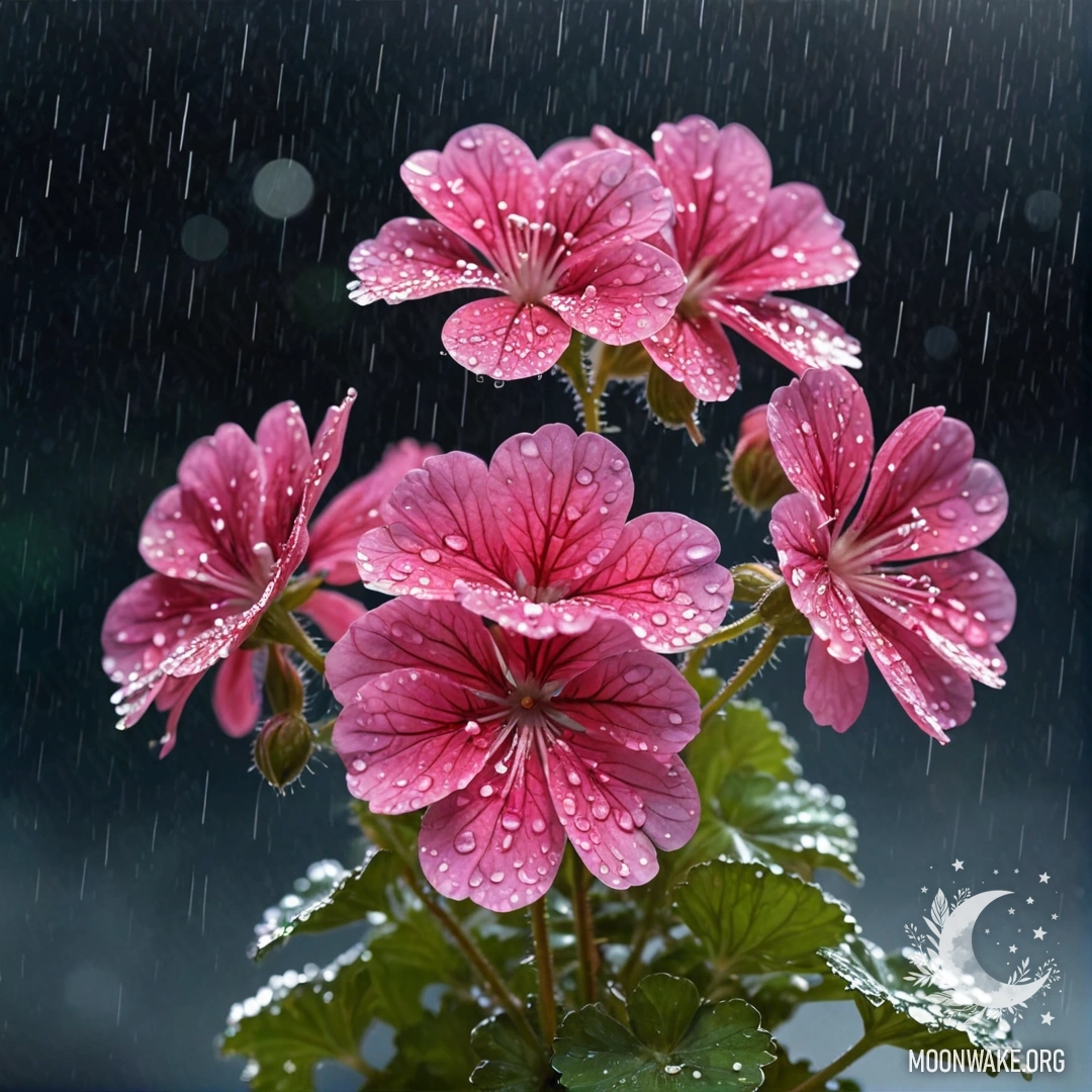 Peaceful Geranium Under Rain at Night A peaceful geranium drenched in rain at night, illuminated with sequins.