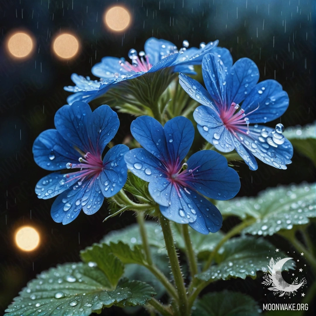 A peaceful blue geranium under rain at night with rhinestones.