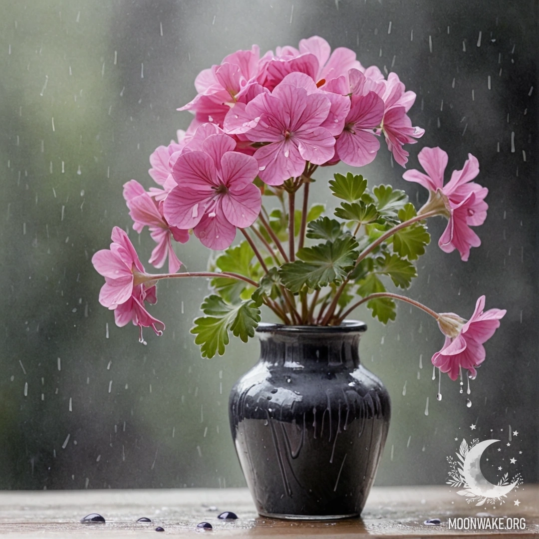Peaceful Geranium Under the Rain A delicate lavender geranium in a vase, surrounded by raindrops.
