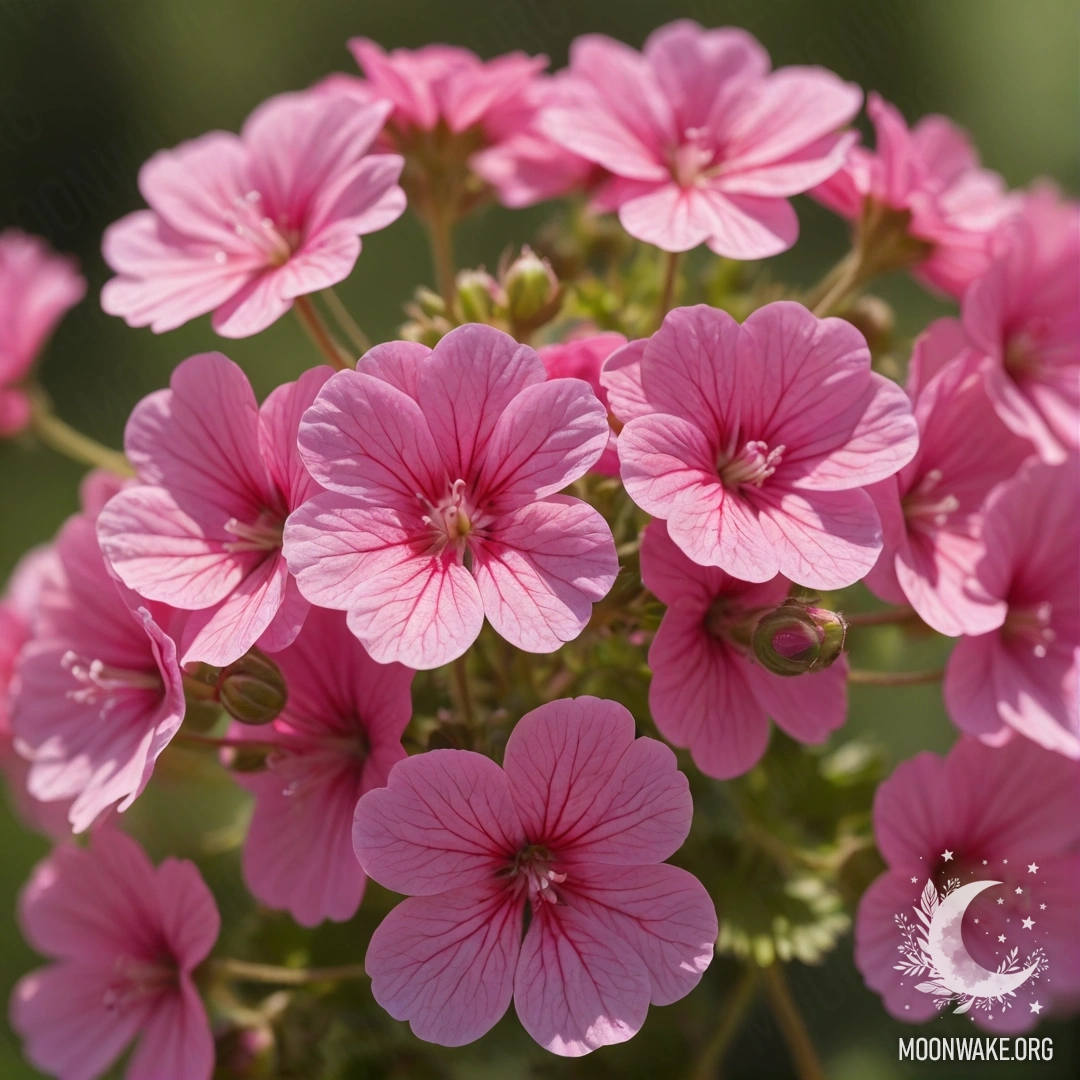 A serene geranium adorned with soft pink patterns illuminated by sunlight.