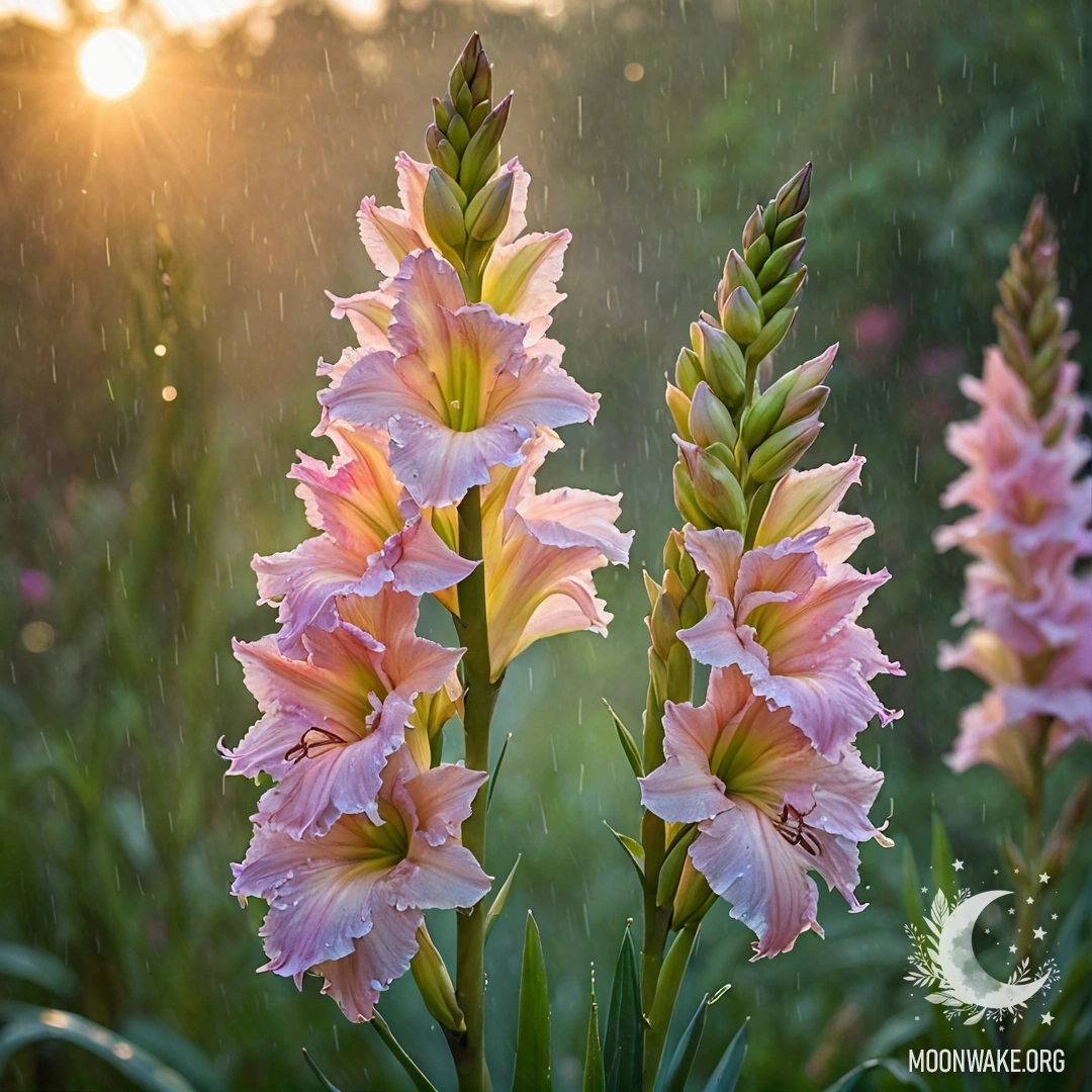 Peaceful Gladiolus Bouquet in Misty Sunset A bouquet of lime-colored gladiolus flowers in the mist during rain at sunset.