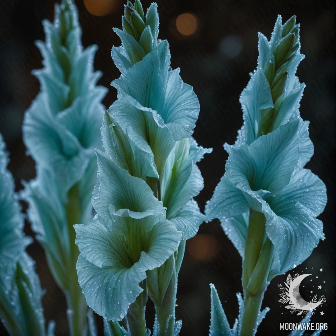 Peaceful Gladiolus in Frosty Night A peaceful gladiolus flower surrounded by frost at night, featuring greenish-blue patterns.