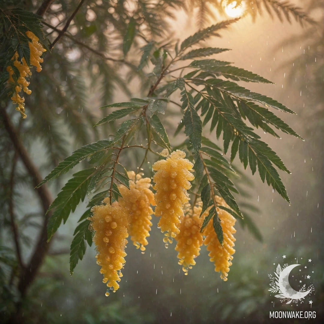 A cream yellow gladiolus flower in a vase, surrounded by mist and rain.