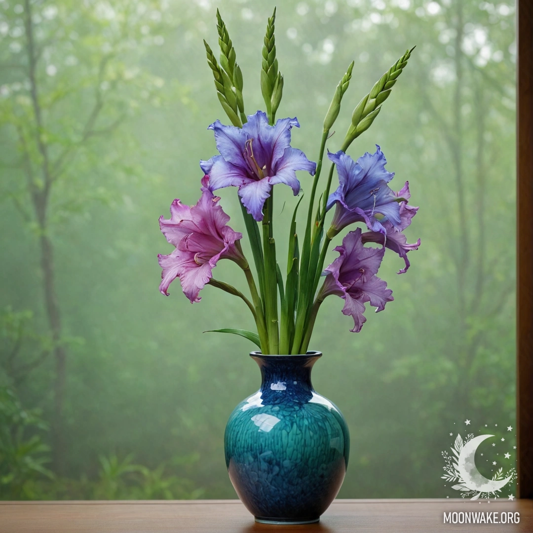 A greenish-blue vase contains a peaceful gladiolus surrounded by mist.