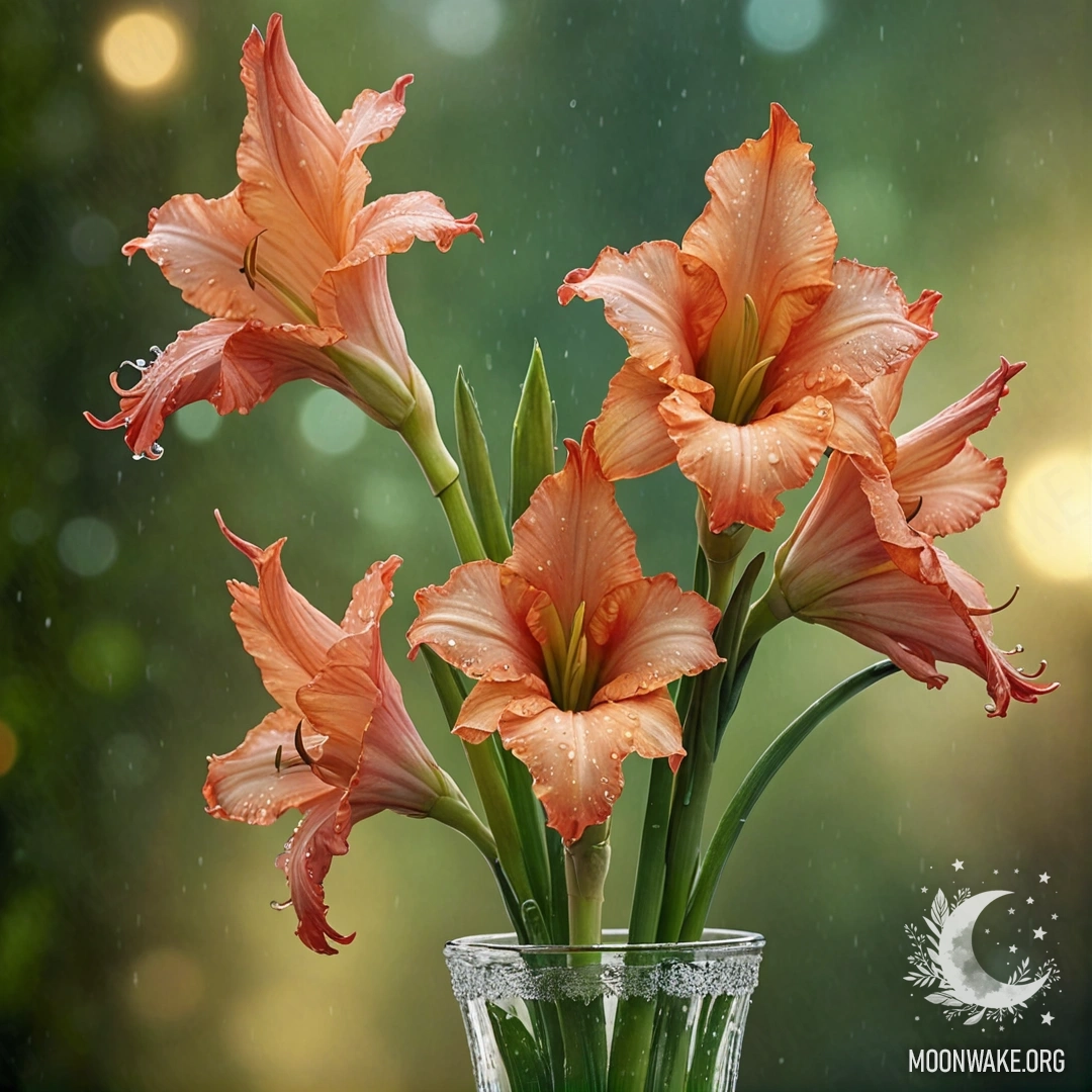 Peaceful Gladiolus at Sunset A vase with green gladiolus and dew drops at sunset.