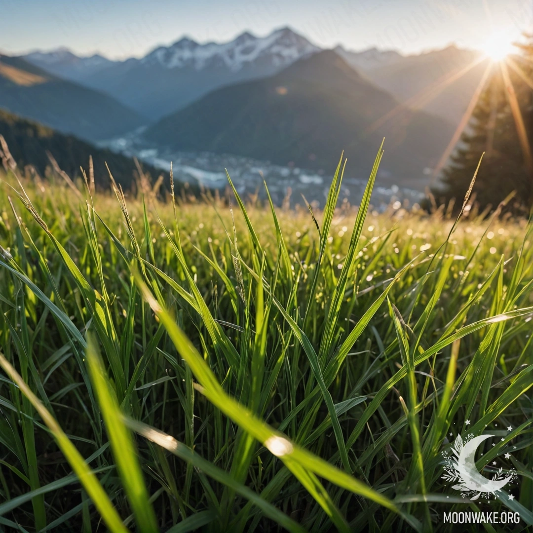 Close-up view of grass in a peaceful field with blurred mountains in the background and lens flares.