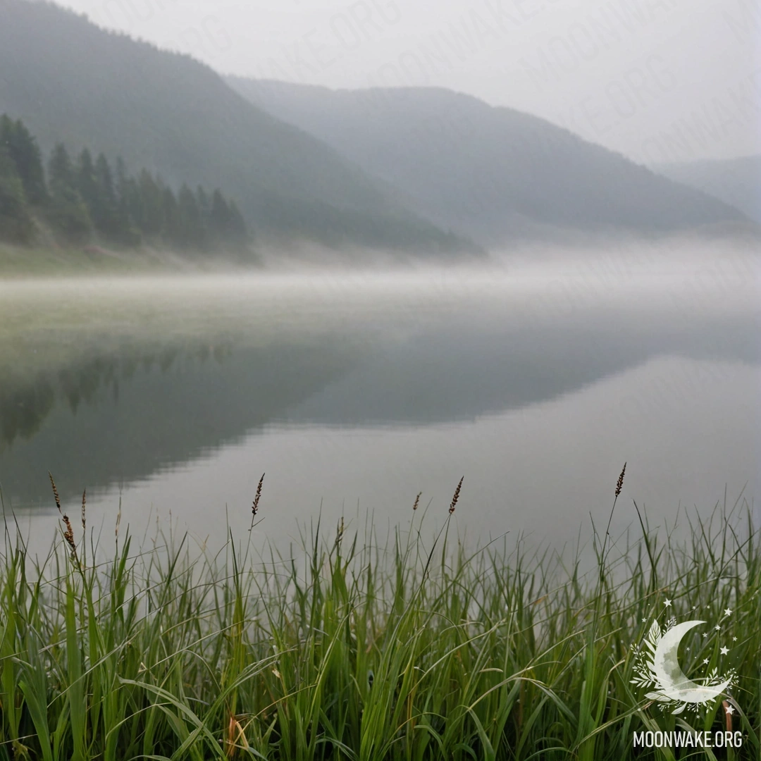 Close-up of grass in a peaceful field with a misty lake in the background.