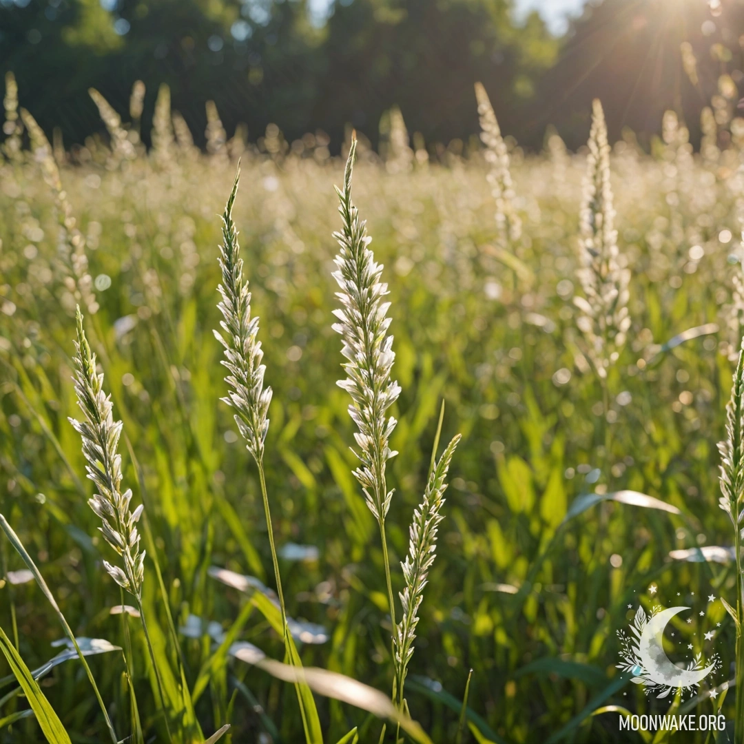 Close-up of grass with bokeh flowers in a sunny field.