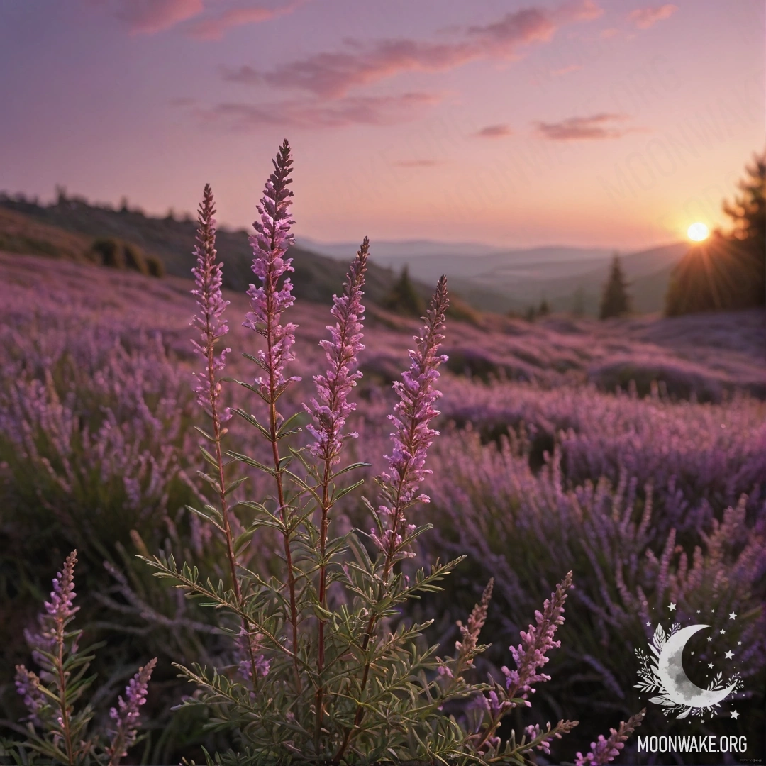 A serene landscape with pink heather illuminated by sunset light.