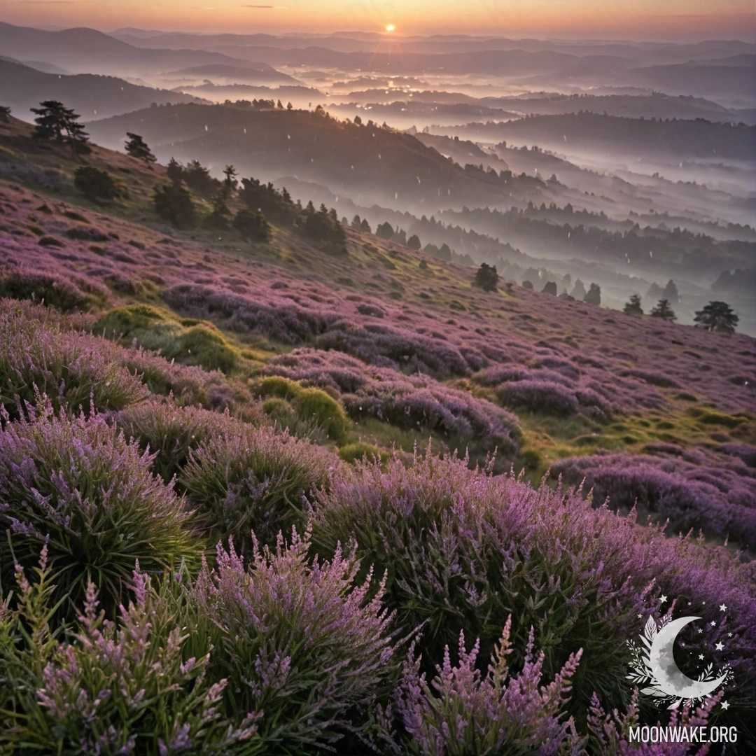 A serene landscape featuring heather in a misty setting under rain at sunset.