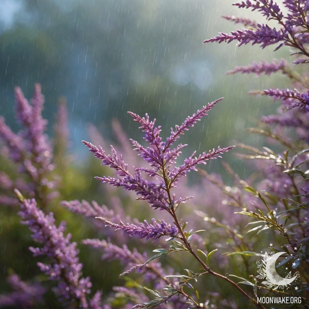 Peaceful Heather Under Rain with Sunlight A serene scene of blue heather bathed in rain and sunlight, sparkling with glitter.