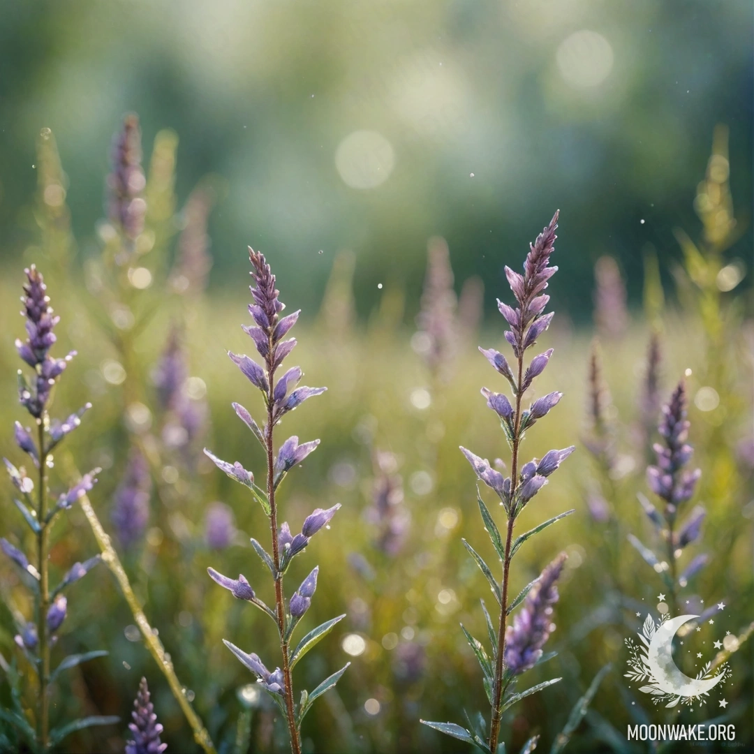 A tranquil scene of heather adorned with dew drops, illuminated by soft sunlight.