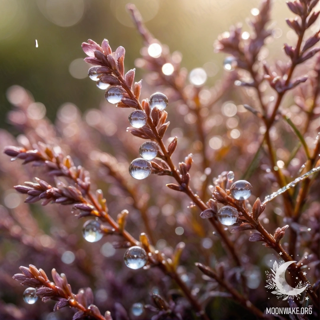 A close-up view of peaceful heather adorned with dew drops, illuminated by sunny rays.