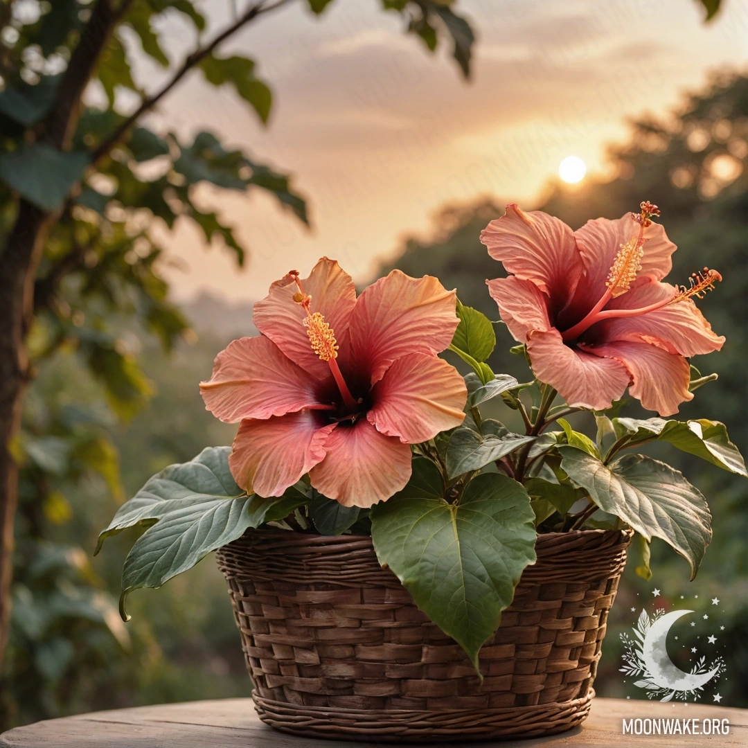 A peaceful hibiscus flower displayed in a coffee-colored basket during sunset.