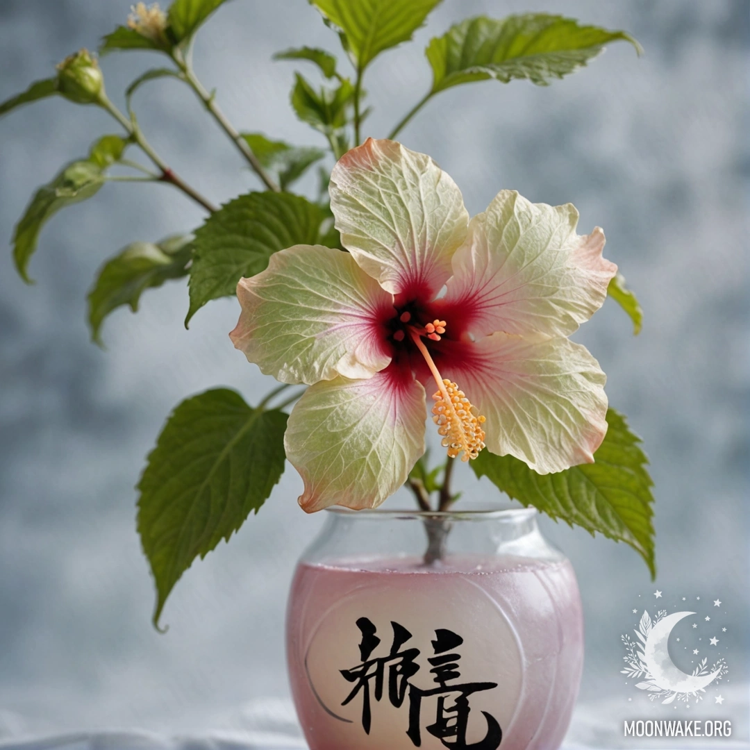 A hibiscus flower surrounded by frost in a lime-colored vase with Japanese calligraphy.
